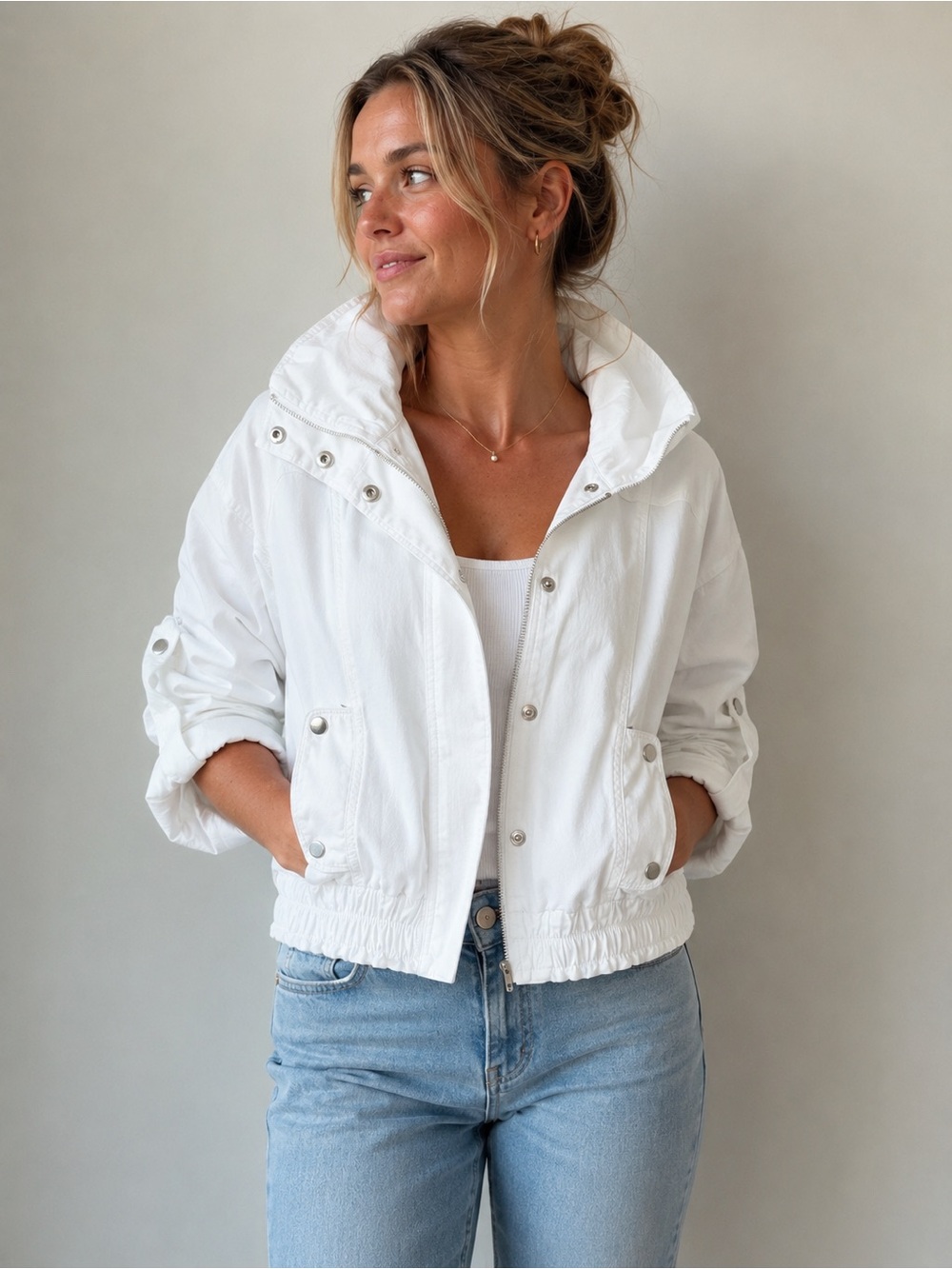 White House Black Market White Hooded Utility Jacket Lyocell Size Small WHBM 3/4